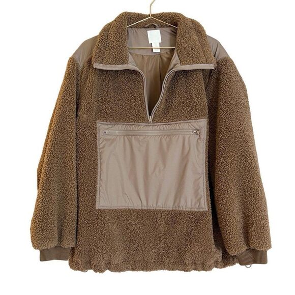 H&M Brown Sherpa Nylon Zipper Pocket Quarter Zip Pull Over Sherpa Jacket - Picture 1 of 7